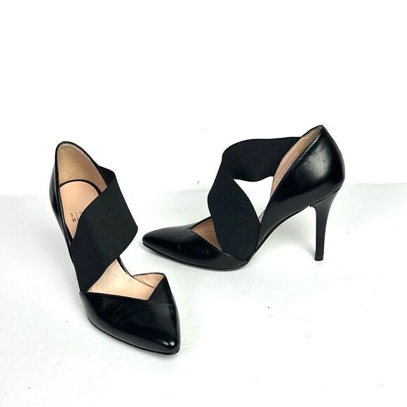 Stuart Weitzman Black Leather D'Orsay Pumps Heels Grosgrain Cross Strap US 5 - Picture 1 of 13